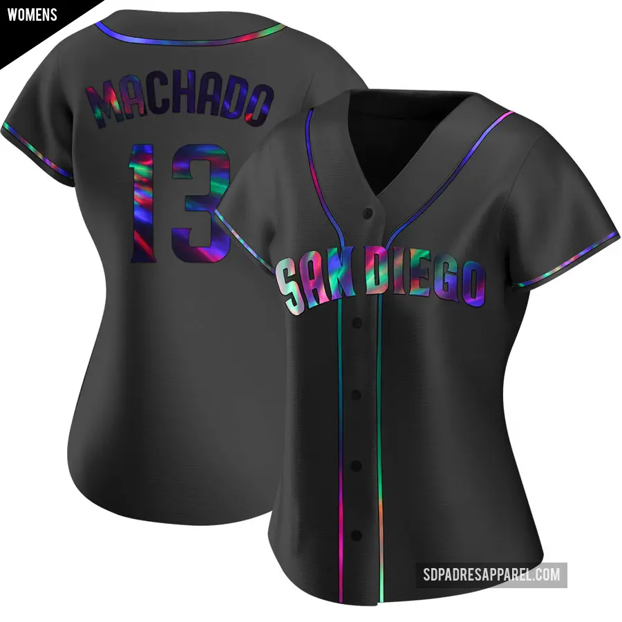 Women's San Diego Padres ＃13 Manny Machado Replica Black Holographic Alternate Jersey